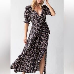 NATURAL LIFE Hippie Boho Black Floral Midi Wrap Dress
